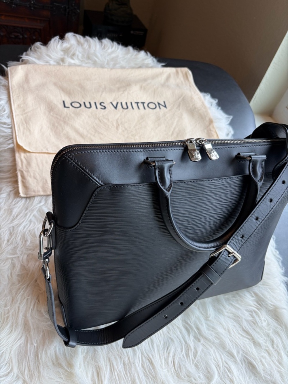 Louis Vuitton Black Epi Leather Laptop Bag with Shoulder Strap & Dust Bag
